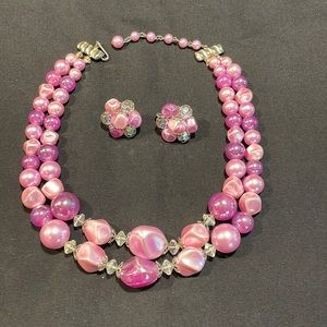 Mid Century Retro Pink Pearl Plastic Beaded Necklace  Earring Set 1950 1960